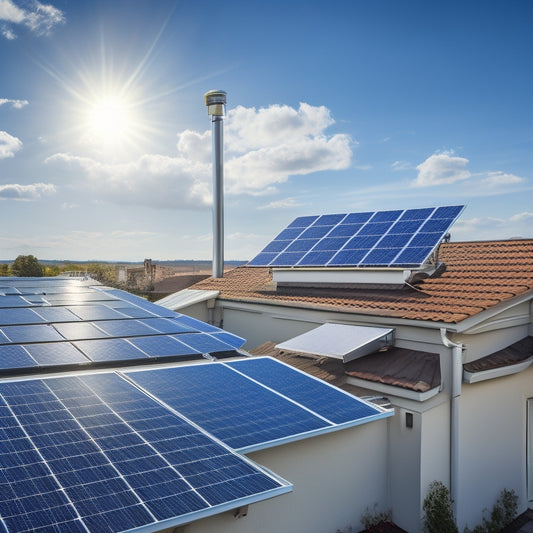 An image of a residential rooftop with solar panels installed at a 30-degree angle, with a ladder and toolbox in the foreground, against a clear blue sky with a few white clouds.