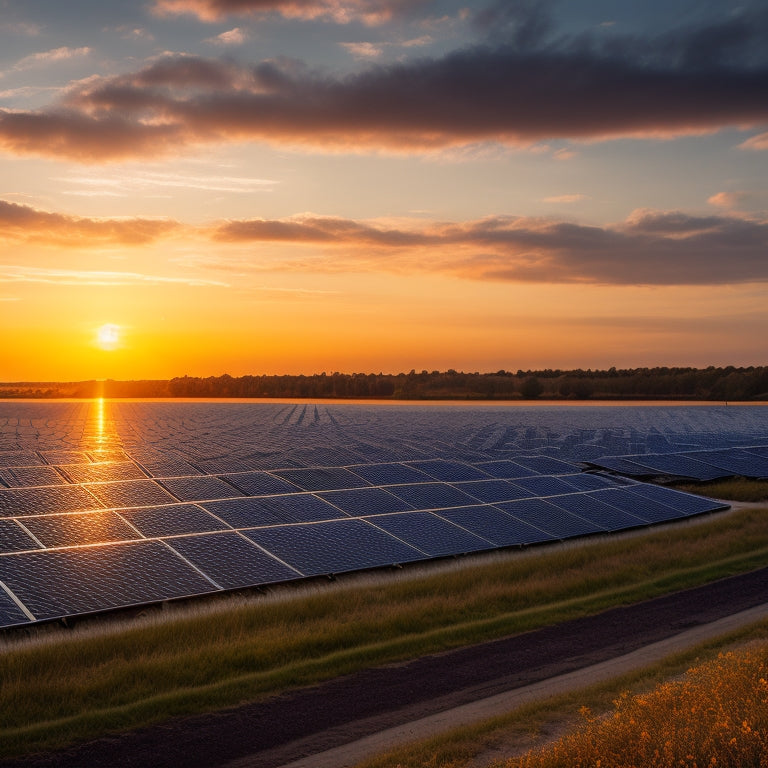 A serene landscape featuring a vast, sun-kissed field of sleek, black solar panels, angled towards the sky, with a few wispy clouds and a subtle, golden sunset glow.
