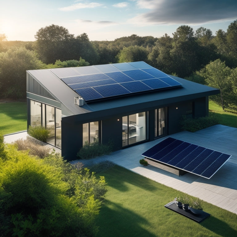 A modern home's rooftop with a sleek, black solar panel array, connected to a compact, wall-mounted battery pack with a subtle LED glow, surrounded by lush greenery and a clear blue sky.