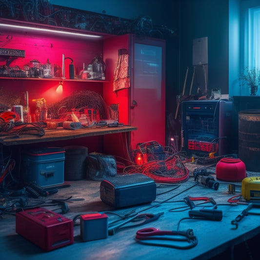 A darkened home interior with a malfunctioning energy storage system: tangled wires, flickering lights, and a dead battery with a red 'X' symbol overlaid, surrounded by scattered tools and diagnostic equipment.
