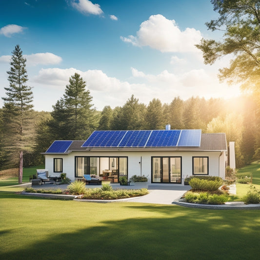 A serene suburban home with a sleek, modern solar panel array on its roof, surrounded by lush green trees and a bright blue sky, with various advanced solar inverters and cables subtly integrated into the scenery.