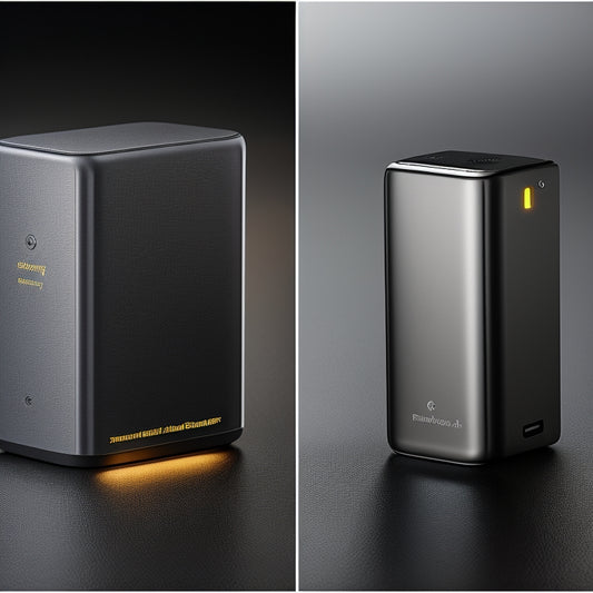 A side-by-side comparison of a sleek, compact battery bank with multiple ports next to a traditional single battery, set against a clean, modern background showcasing their sizes, features, and functionalities.