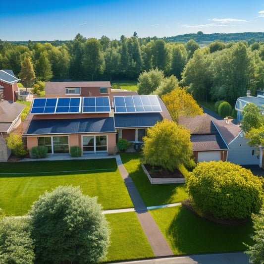 An aerial view of a modern suburban neighborhood with rooftops covered in sleek, black solar panels, angled at 30 degrees, surrounded by lush green trees and a bright blue sky.