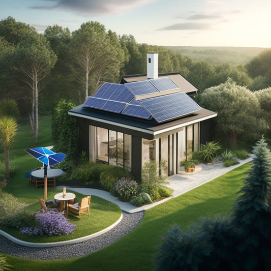An illustration of a modern, eco-friendly home surrounded by lush greenery, with a small wind turbine, solar panels, and a compact battery bank on the roof, connected to a low-maintenance garden.