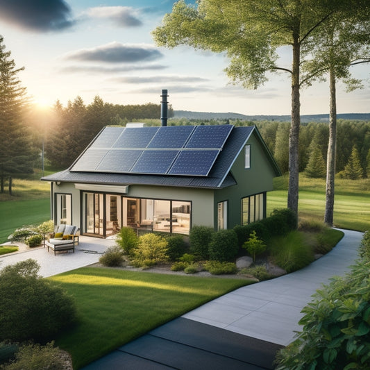 A modern, sprawling suburban home with solar panels on the roof, a wind turbine in the backyard, and a large battery pack visible through a window, surrounded by lush greenery.