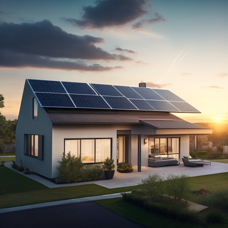 An illustration of a modern home with solar panels on the roof, connected to an inverter and a meter, surrounded by a subtle grid of energy transmission lines and a glowing sun in the background.