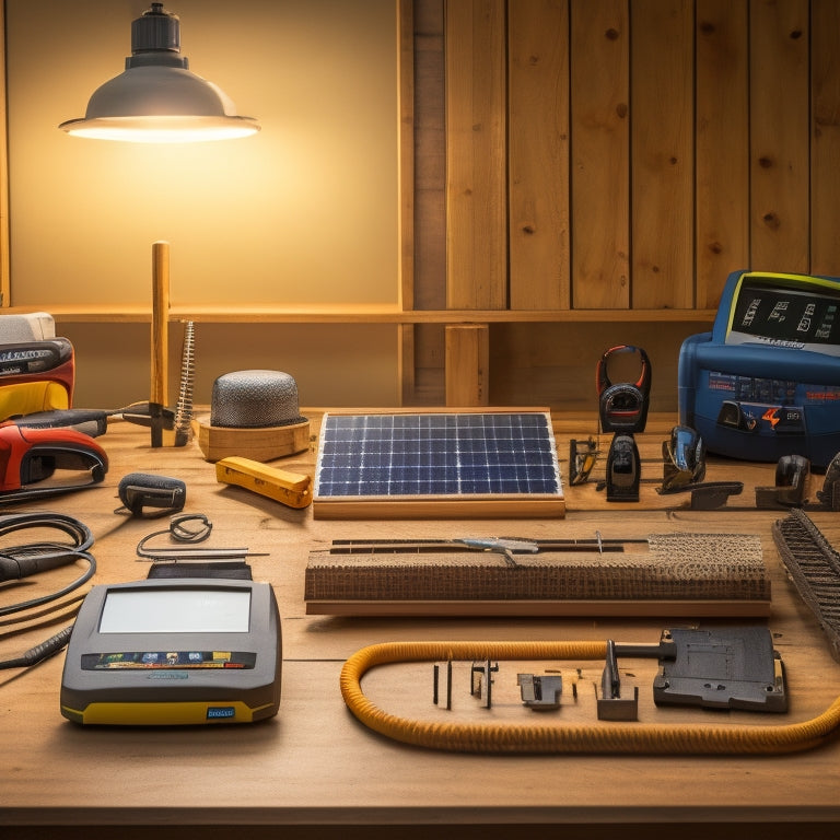 A neatly arranged assortment of solar installation tools: a solar panel, inverter, mounting brackets, a multimeter, a drill, and safety gear, all displayed on a wooden workbench with sunlight streaming in.