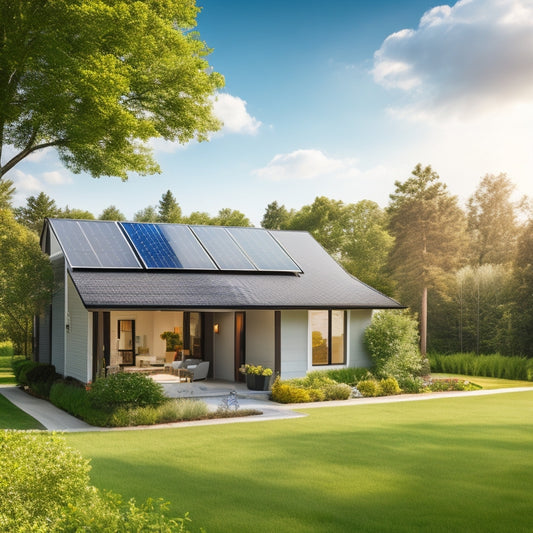A serene suburban home with a sleek, black solar panel array on the roof, surrounded by lush green trees and a bright blue sky with a few puffy white clouds.