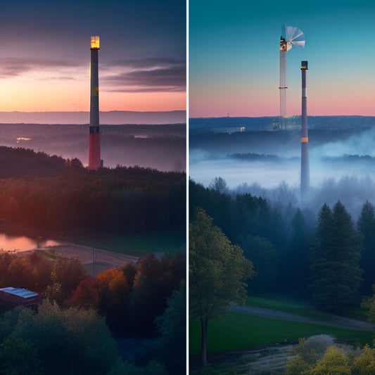 A split-screen image: a lush, vibrant forest with a wind turbine in the distance, contrasted with a cityscape at dusk, with a factory emitting smoke and pollution in the foreground.