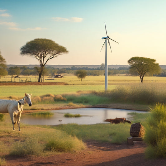 A serene savannah landscape with a wind turbine and solar panels in the background, powering a water pumping system that supplies a vibrant village with clean water.