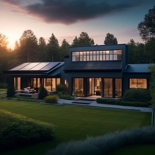 A serene, modern large house with a sleek, black solar panel roof, surrounded by lush greenery, with a subtle, glowing aura emanating from the panels at dusk.