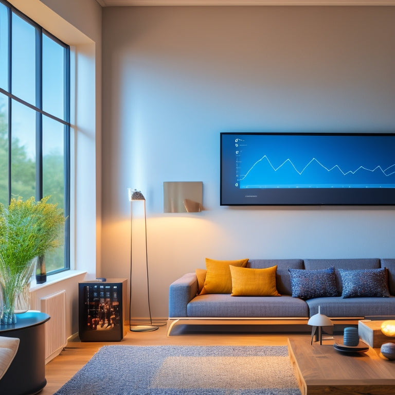 A modern living room with a large, wall-mounted smart display showing real-time energy usage graphs and charts, surrounded by energy-efficient devices and a sleek, minimalist decor.