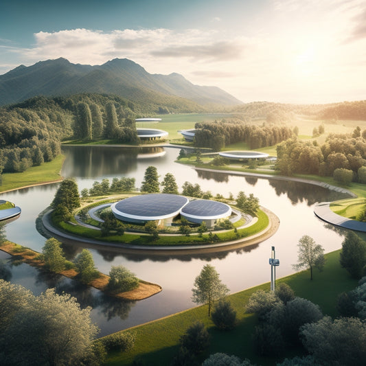 A futuristic landscape featuring solar panels and wind turbines, with a sleek, transparent energy storage facility at the center, surrounded by lush greenery and flowing water, showcasing innovation in renewable energy solutions.