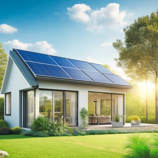 An illustration of a modern, eco-friendly home with large windows, solar panels on the roof, and a smart thermostat on the wall, surrounded by greenery and a bright blue sky.