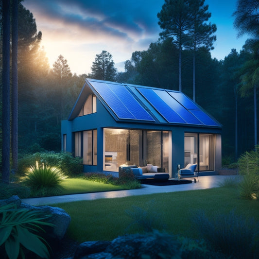 A serene, modern home surrounded by lush greenery, with solar panels on the roof and a sleek, compact battery backup system visible through a large window, with a subtle, glowing blue light emanating from it.