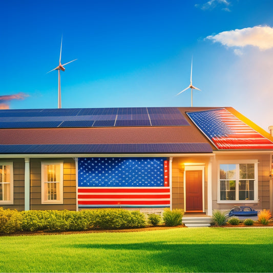 An illustration of a stylized American flag with solar panels and batteries integrated into the stripes, surrounded by icons of homes, factories, and electric vehicles, with a subtle grid pattern in the background.