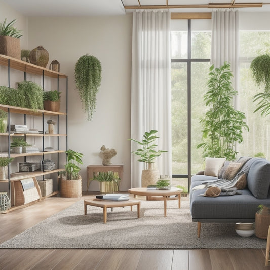 A serene, modern living room with bamboo shelving units adorned with lush green plants, surrounded by sleek solar panels integrated into the walls, casting a warm, natural light.