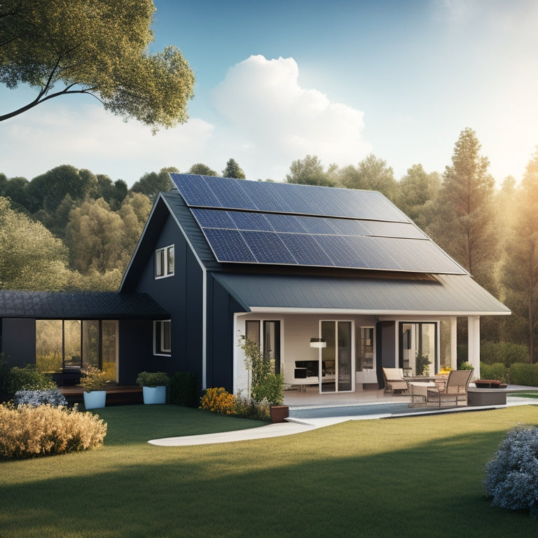 A serene suburban home with a sloping roof, covered in sleek black solar panels, surrounded by lush greenery and a bright blue sky with a few puffy white clouds.