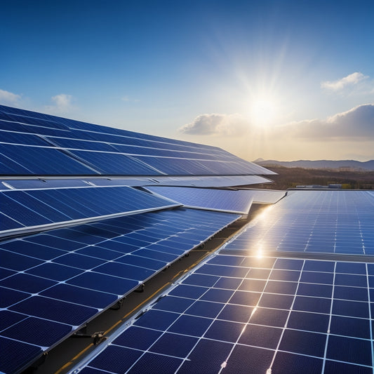 A close-up view of multiple solar panels on a rooftop, showcasing their sleek, dark glass surface and metallic frames, with a soft sunlight glow illuminating the scene, surrounded by a blue sky and fluffy clouds.