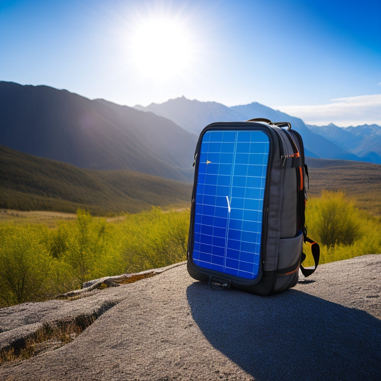 A rugged solar-powered backpack with integrated solar panels, surrounded by compact solar lanterns, portable chargers, and a solar-powered radio, set against a backdrop of a serene outdoor landscape with mountains and a clear blue sky.