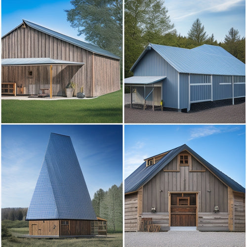 A rustic barn with various mounting systems: a galvanized steel roof with solar panels, a wooden shed with a traditional gable roof and metal brackets, and a modern barn with a sleek roof and hidden fasteners.