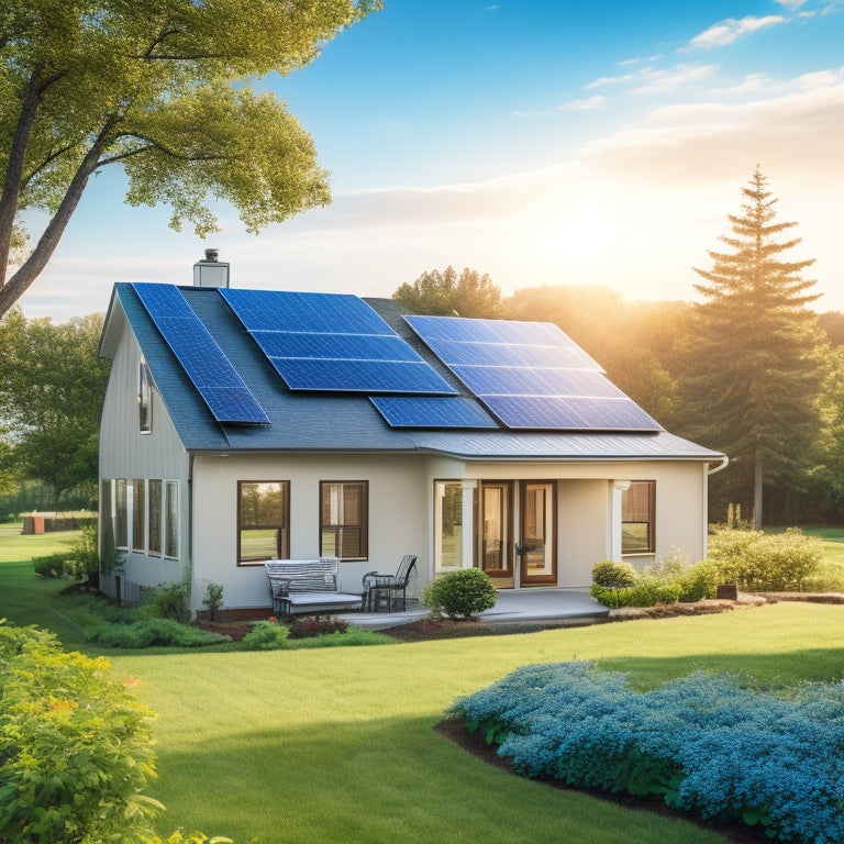 A serene suburban home with solar panels on the roof, wind turbines in the backyard, and a battery storage system visible through a window, surrounded by lush greenery and a sunny sky.