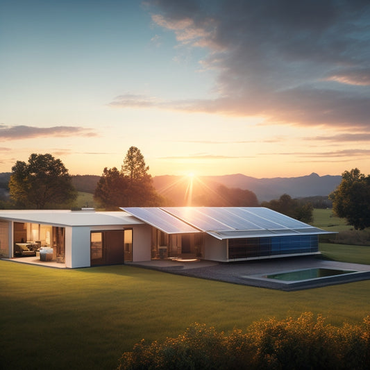 A serene, sun-lit landscape with a modern home in the distance, featuring a sleek solar panel array on the roof, connected to a compact, futuristic battery storage unit in the foreground.