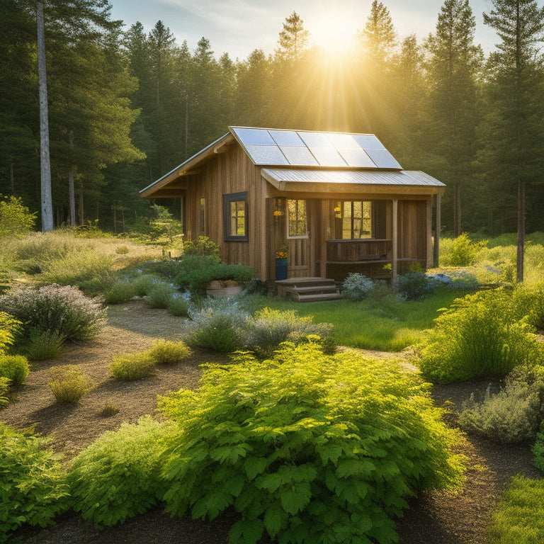 A serene landscape showcasing a rustic off-grid cabin surrounded by lush greenery, solar panels glistening in the sunlight, a clear blue sky, and a vibrant garden, symbolizing sustainability and energy independence.