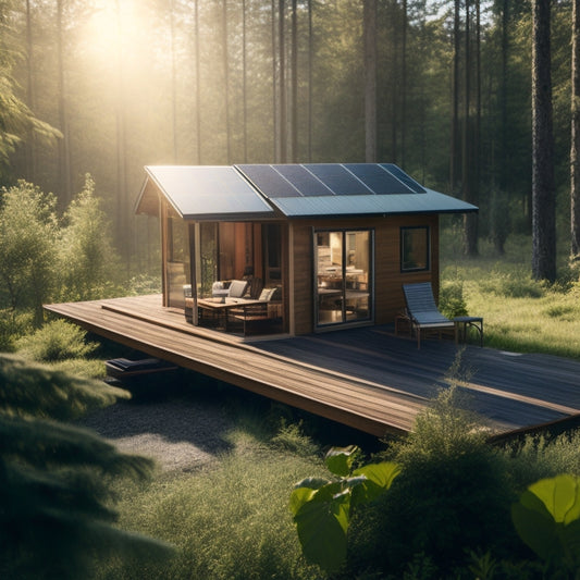 A serene, off-grid cabin surrounded by lush greenery, with a sleek, modern solar panel array on the rooftop, casting a subtle shadow on the rustic wooden deck beneath.