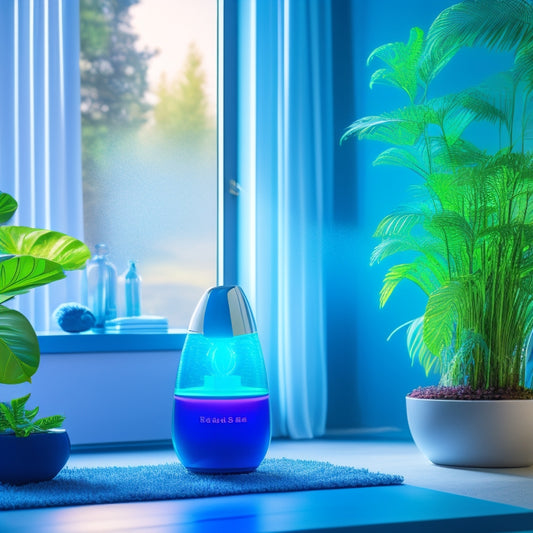 A serene, modern indoor setting featuring a sleek ultraviolet purifier emitting a soft blue glow, surrounded by floating particles representing germs, with a vibrant green plant in the background symbolizing cleanliness and health.