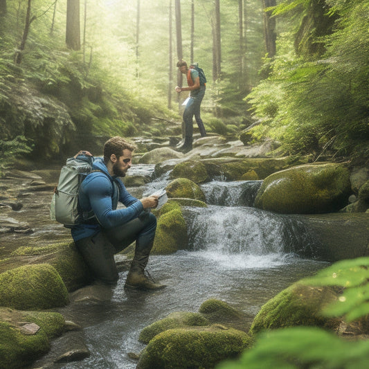 A serene forest scene with a clear, flowing stream surrounded by lush greenery. Nearby, a portable water purification tablet package lies open, tablets glistening in sunlight, while a hiker fills a canteen from the water source.