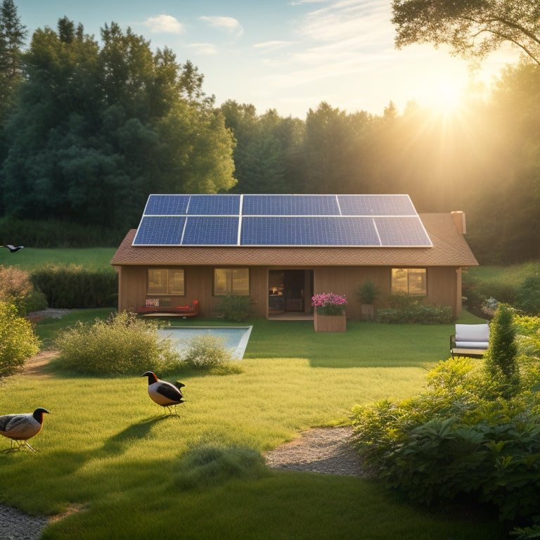 A sunny backyard with 7 neatly arranged solar panels, each with a subtle glow, amidst lush greenery, with a faint grid pattern in the background, and a few birds flying overhead.