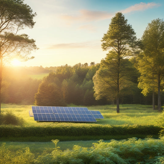 A serene landscape with a modern, sleek, and silver solar panel array in the foreground, surrounded by lush greenery, with a subtle, glowing battery icon in the top-right corner.