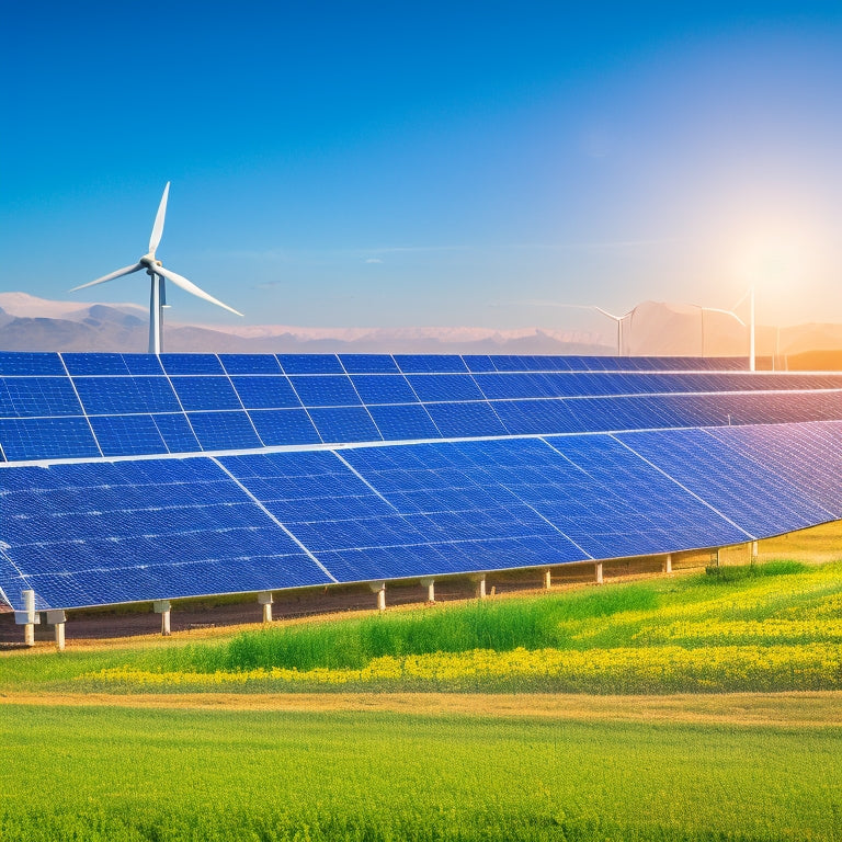 A vibrant solar farm under a clear blue sky, with large batteries interconnected, displaying digital screens showing data analytics, surrounded by lush greenery and wind turbines in the background, symbolizing renewable energy innovation.