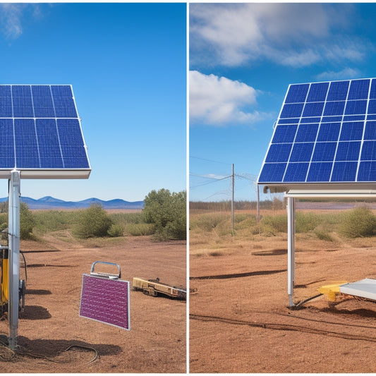 A split-screen image: on the left, a cluttered, DIY-installed solar panel array with tangled wires and unevenly spaced panels; on the right, a neatly installed array with organized wiring and uniform panel spacing.