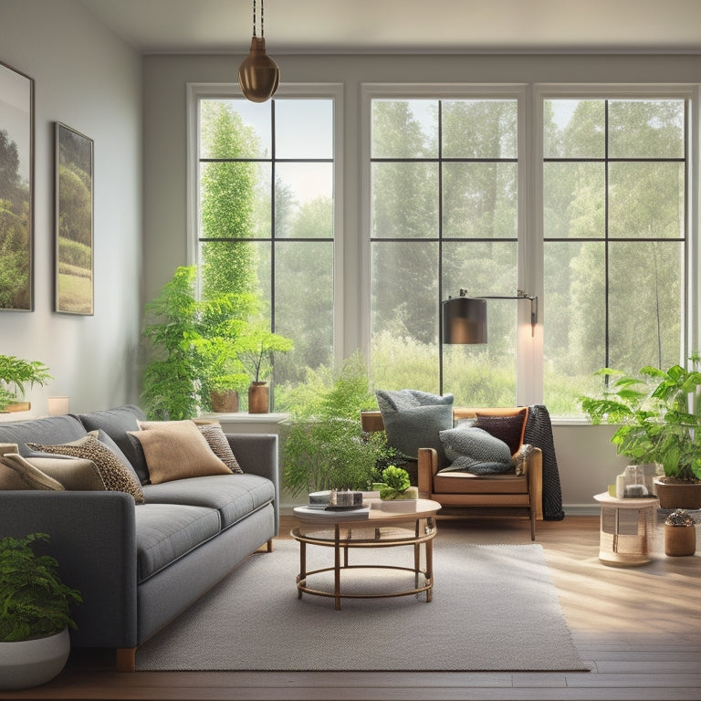 A cozy living room with large, energy-efficient windows, a smart thermostat on the wall, and solar panels visible through the window, surrounded by lush greenery, highlighting a bright, eco-friendly atmosphere.