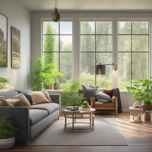 A cozy living room with large, energy-efficient windows, a smart thermostat on the wall, and solar panels visible through the window, surrounded by lush greenery, highlighting a bright, eco-friendly atmosphere.