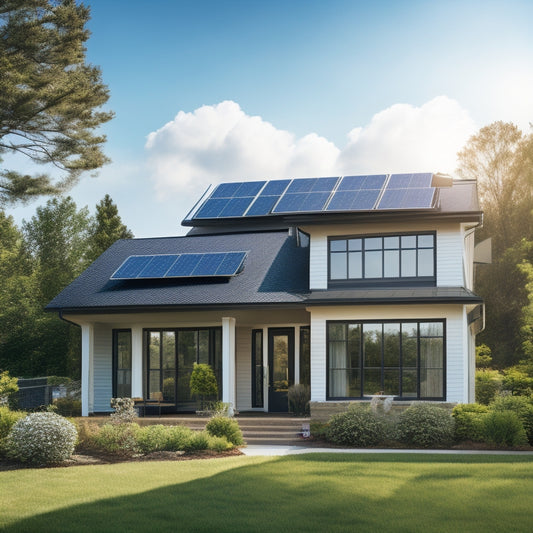A serene suburban home with sleek, black solar panels installed on its roof, surrounded by lush greenery, with a bright blue sky and fluffy white clouds in the background.