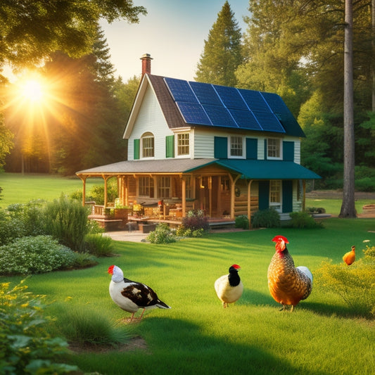 A serene homestead with solar panels glistening in the sun, a wind turbine spinning gently, and a lush garden surrounded by trees. A cozy cabin in the background, with chickens pecking nearby.