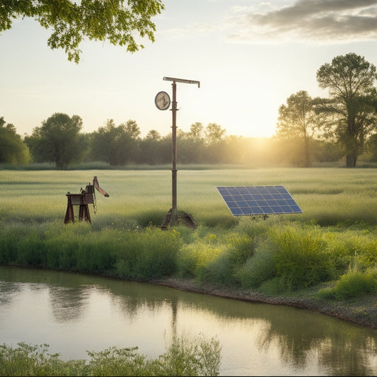 A serene rural landscape with a rusty old water pump in the foreground, surrounded by lush greenery, and a sleek solar panel array in the background, casting a subtle shadow.