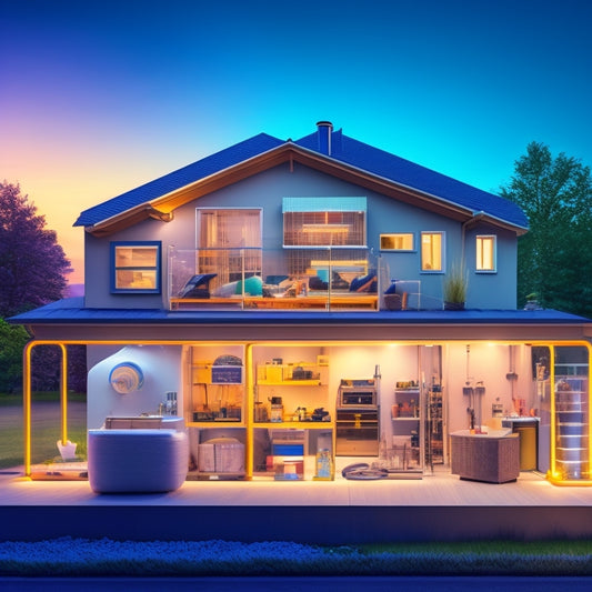 An illustration of a house with a transparent exterior, revealing a network of pipes, wires, and insulation, surrounded by icons of various energy-efficient devices and tools, with a subtle glow effect.