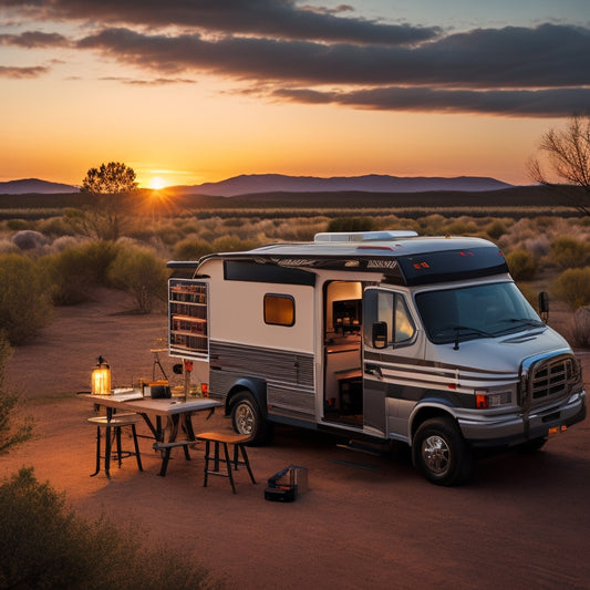 A serene RV campsite at sunset, with a sleek solar panel array mounted on the roof, wires neatly organized, and a few tools scattered around a DIY workbench in the foreground.