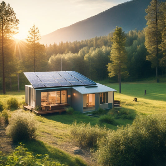 A serene, sunny landscape with a modern off-grid cabin in the distance, surrounded by lush greenery, with a prominent solar panel array on the roof and a battery bank visible through a window.