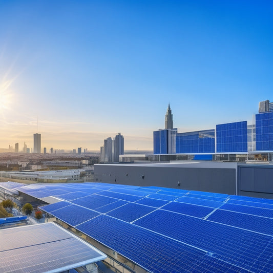 A modern, sleek commercial building with a flat roof, partially covered in a grid of dark blue solar panels, surrounded by a bustling cityscape with a bright blue sky.