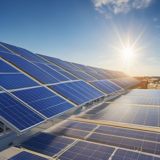 An illustration of a rooftop with multiple solar panels at varying angles (15°, 30°, 45°) against a clear blue sky, with subtle shading and reflections to convey optimal energy harvesting.