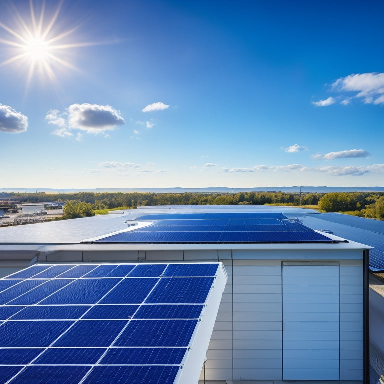 A futuristic, modern rooftop with sleek black solar panels installed at an angle, connected to a sleek inverter and battery storage system, set against a bright blue sky with fluffy white clouds.