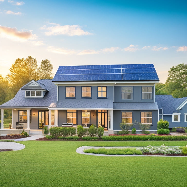 A serene residential landscape with a mix of traditional and modern homes, each featuring different solar panel styles, sizes, and installations (roof-mounted, ground-mounted, and solar shingles).
