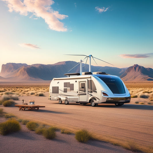 An illustration of a sleek, modern RV parked in a serene, sun-drenched landscape, with a wind turbine and solar panels on the roof, connected to a sleek, futuristic battery pack.