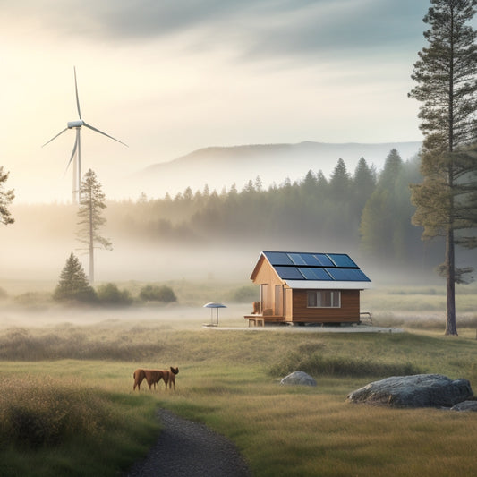 A serene, misty morning landscape with a secluded cabin, solar panels on the roof, a wind turbine in the distance, and a small, sleek inverter unit prominently displayed on a wooden table outside.