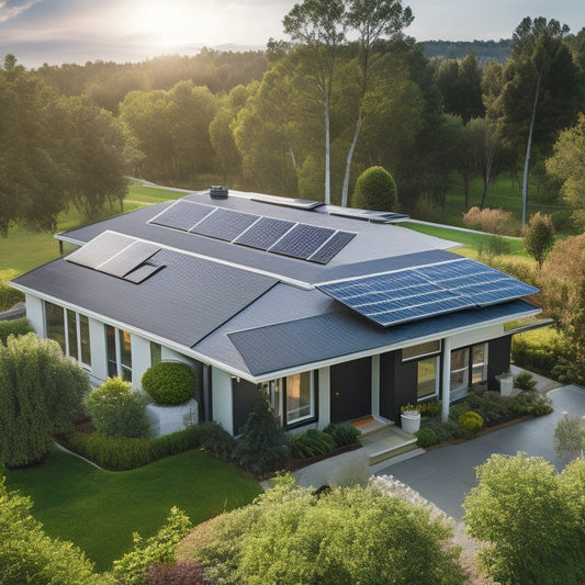 Aerial view of a modern suburban house with a sleek, black solar panel array installed on a sloping rooftop, surrounded by gleaming silver roof tiles and a verdant green backyard.